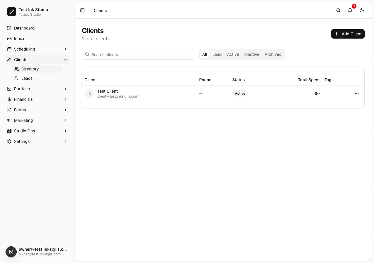 Client directory with search, status filters, and contact details