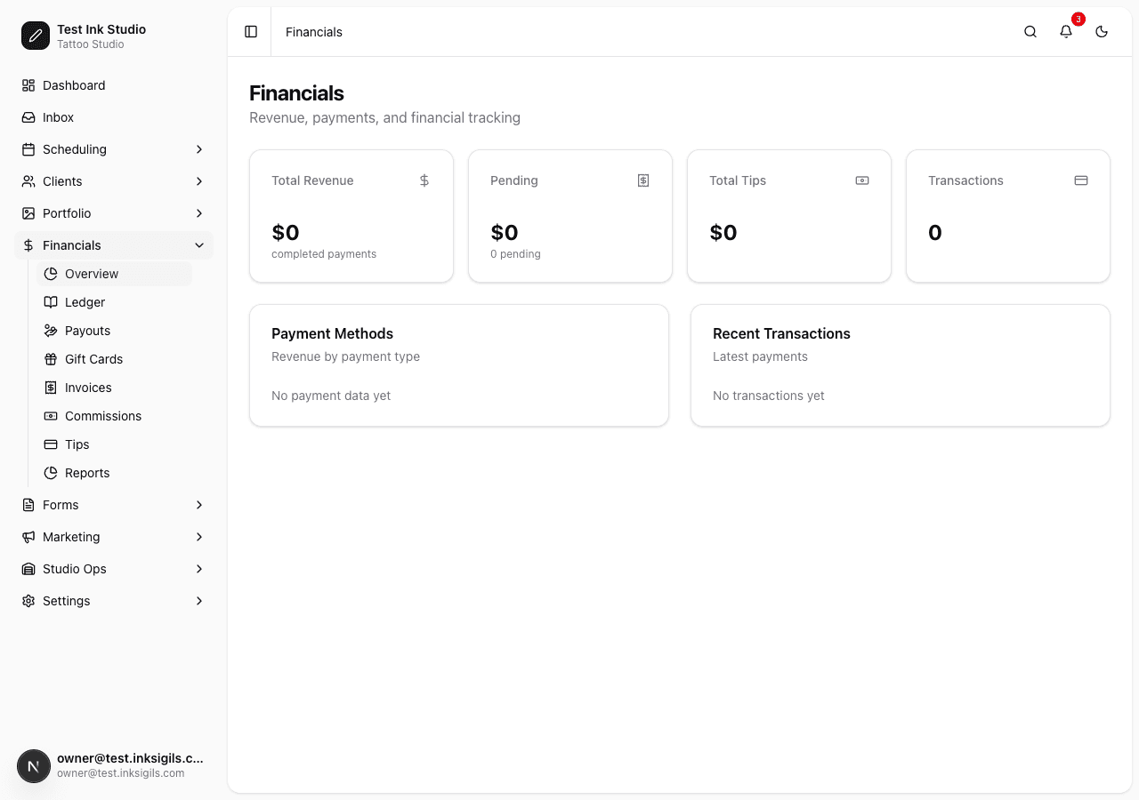 Financials dashboard with revenue, pending payments, tips, transactions, and payment method breakdown
