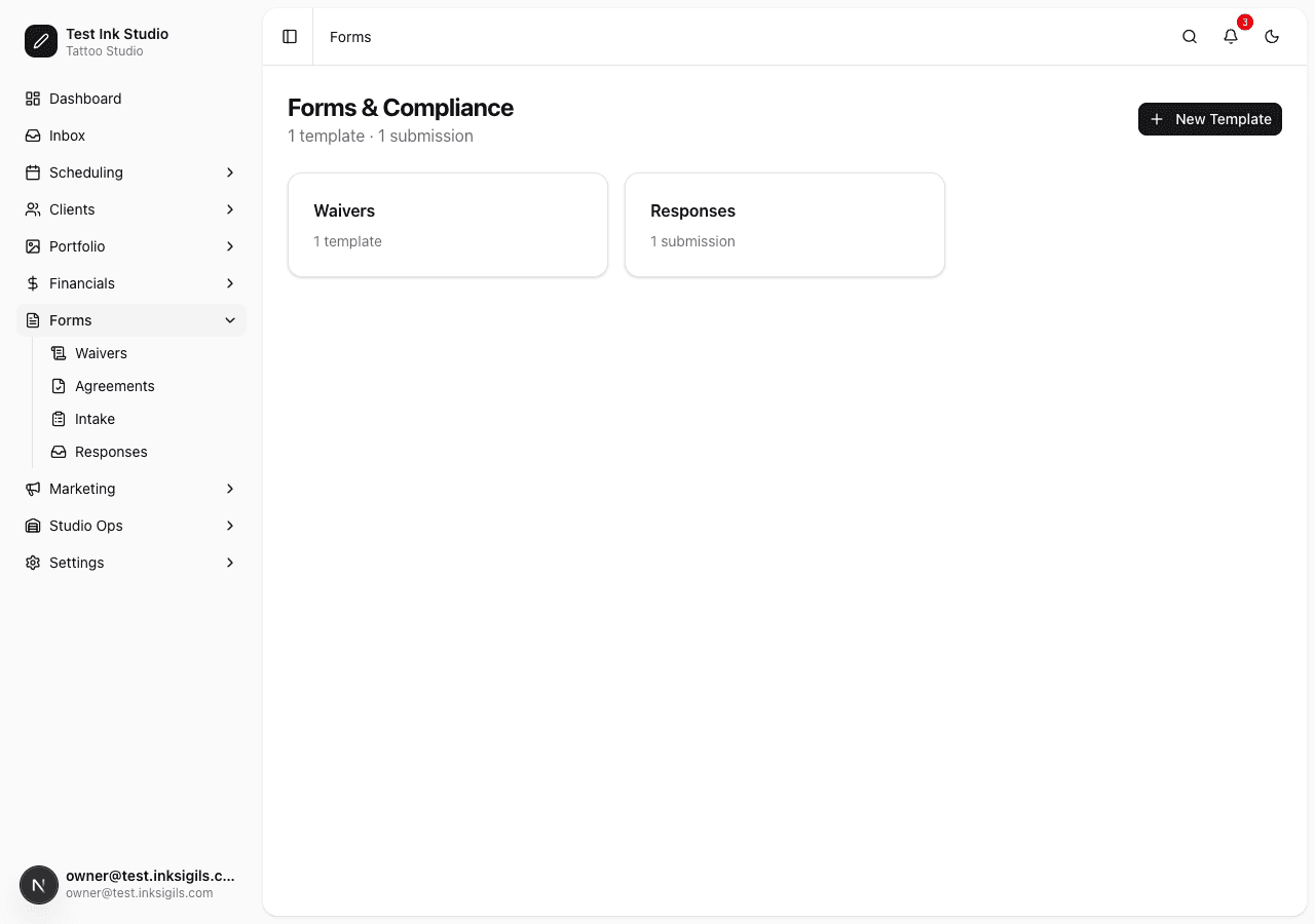 Forms & Compliance hub with waiver templates and submission tracking